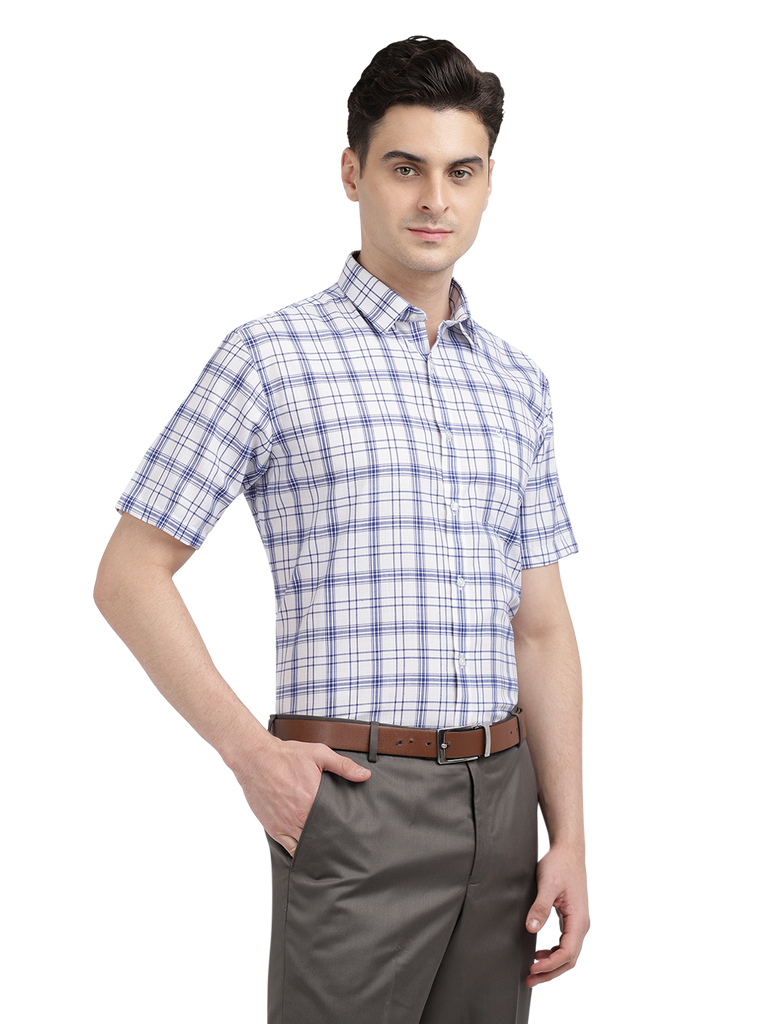 Model wearing Clarke Gable's White With Blue Checked Formal Shirt in a casual setting