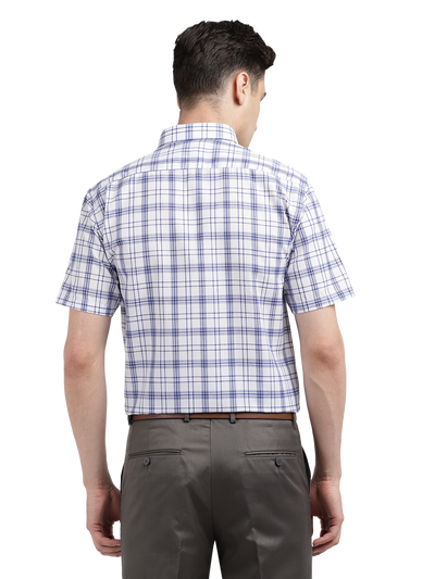 Model wearing Clarke Gable's White With Blue Checked Formal Shirt in a casual setting