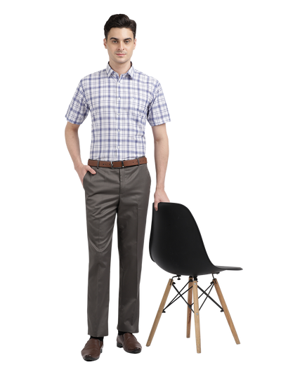 Model wearing Clarke Gable's White With Blue Checked Formal Shirt in a casual setting