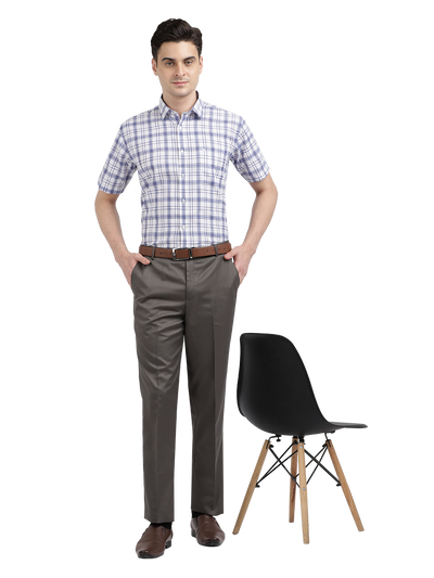 Model wearing Clarke Gable's White With Blue Checked Formal Shirt in a casual setting