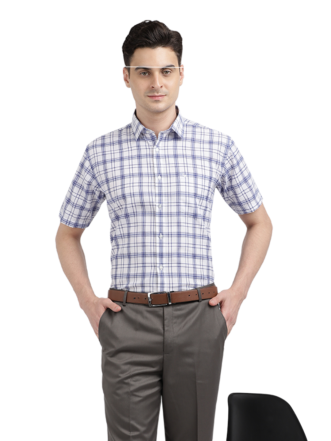 Model wearing Clarke Gable's White With Blue Checked Formal Shirt in a casual setting