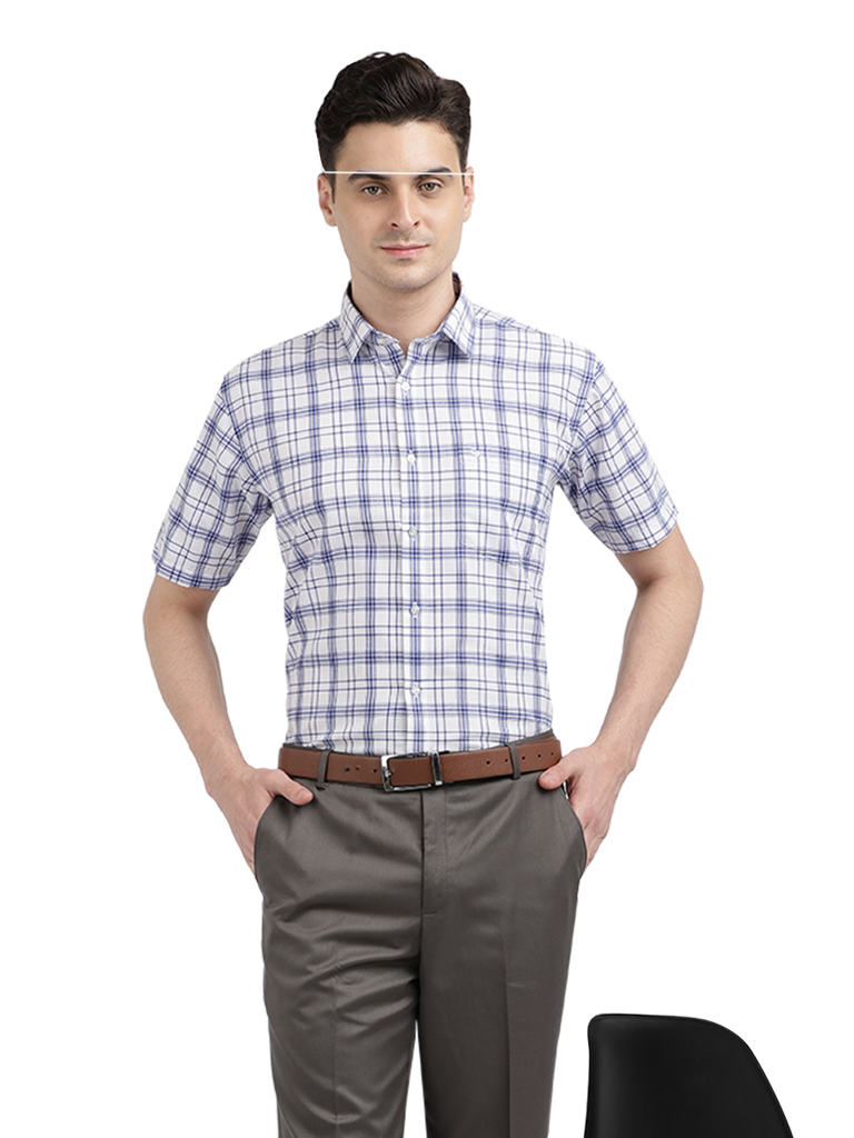 Model wearing Clarke Gable's White With Blue Checked Formal Shirt in a casual setting