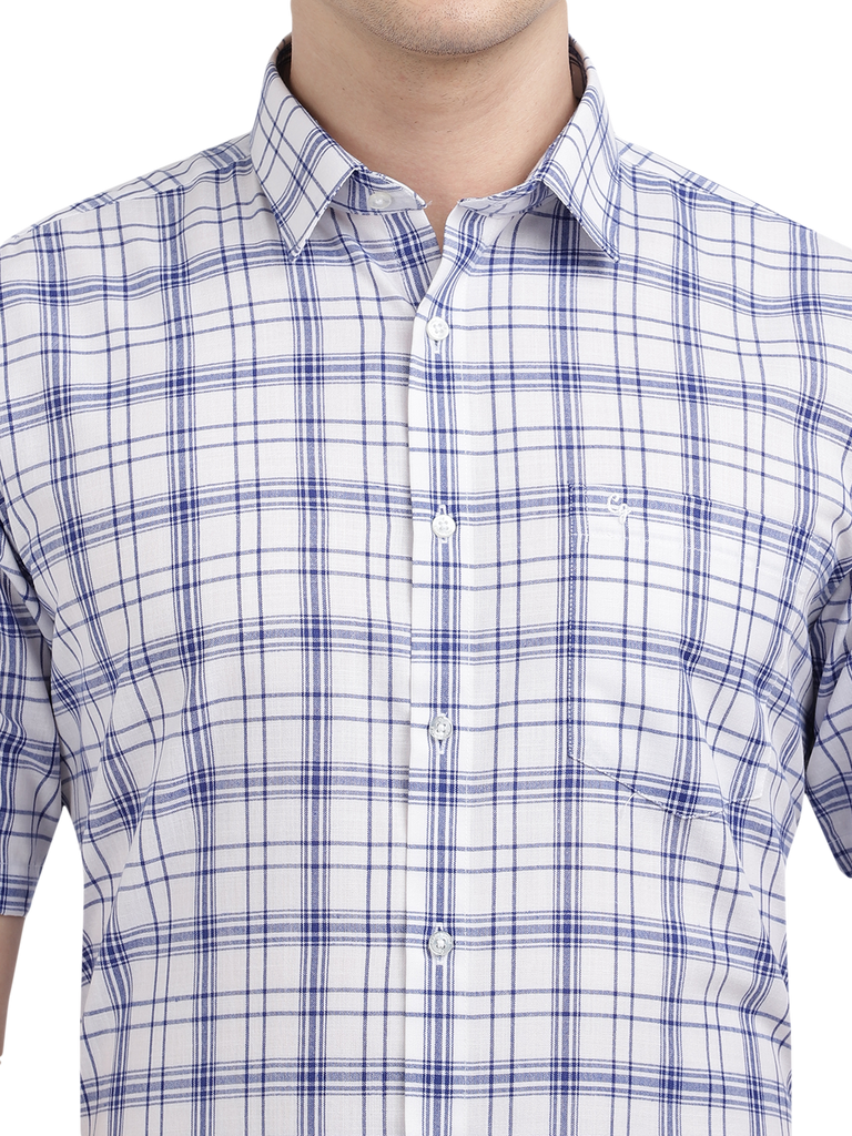 Model wearing Clarke Gable's White With Blue Checked Formal Shirt in a casual setting