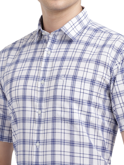 Model wearing Clarke Gable's White With Blue Checked Formal Shirt in a casual setting