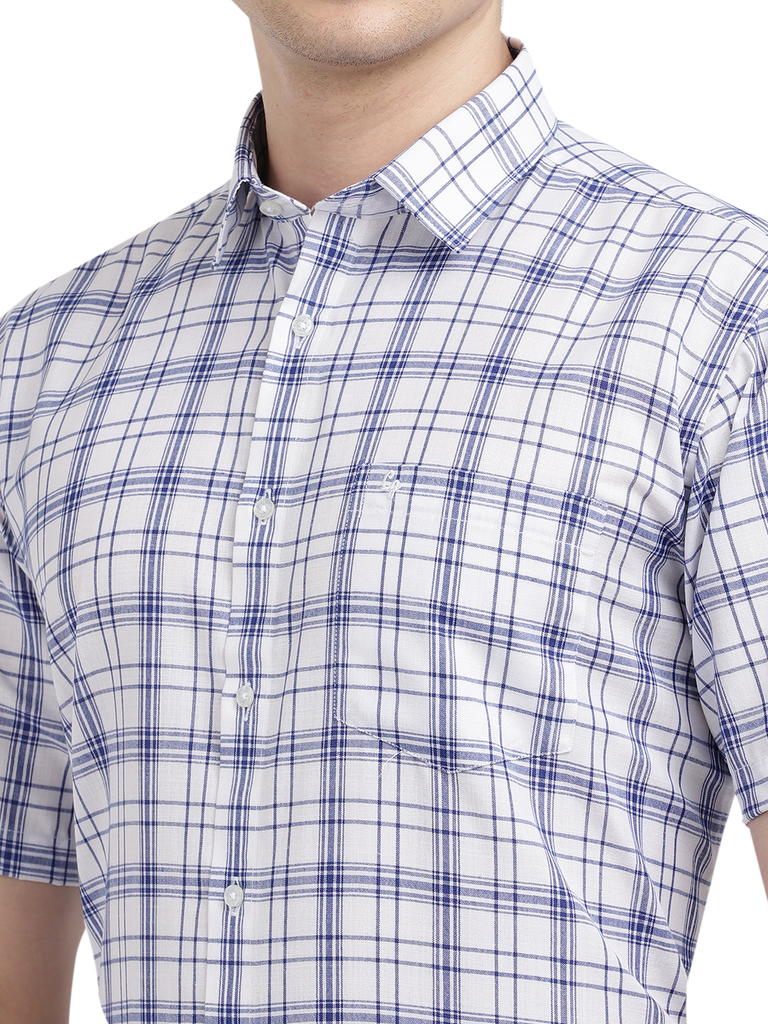 Model wearing Clarke Gable's White With Blue Checked Formal Shirt in a casual setting