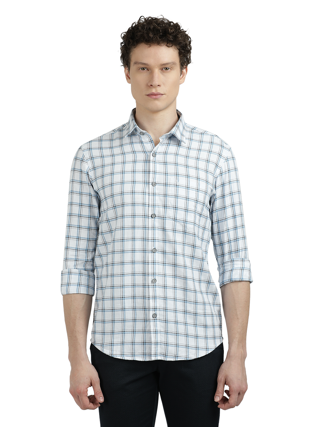 Model wearing Clarke Gable's White With Blue Checked Semi Casual Shirt in a casual setting
