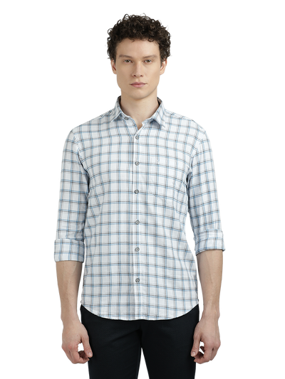 Model wearing Clarke Gable's White With Blue Checked Semi Casual Shirt in a casual setting