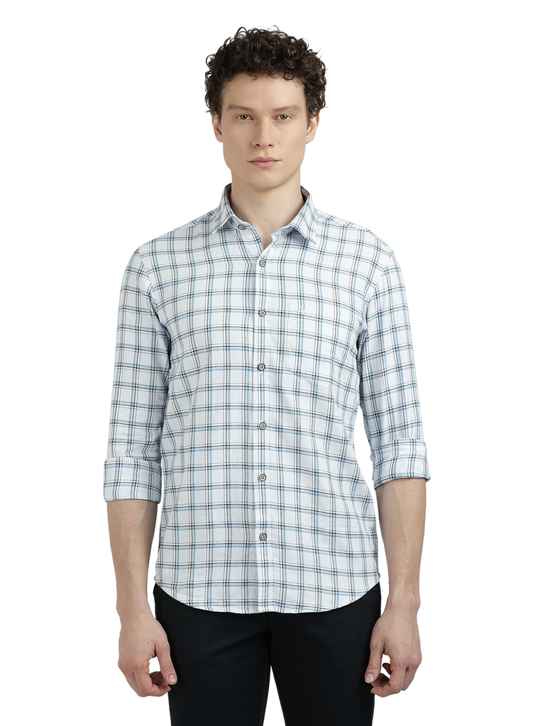 Model wearing Clarke Gable's White With Blue Checked Semi Casual Shirt in a casual setting