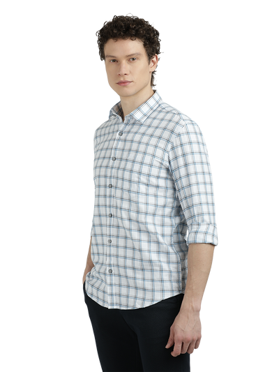 Model wearing Clarke Gable's White With Blue Checked Semi Casual Shirt in a casual setting
