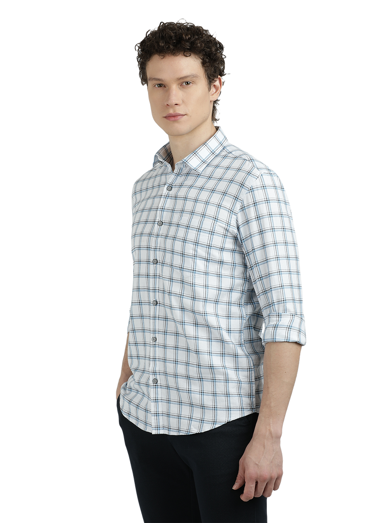 Model wearing Clarke Gable's White With Blue Checked Semi Casual Shirt in a casual setting