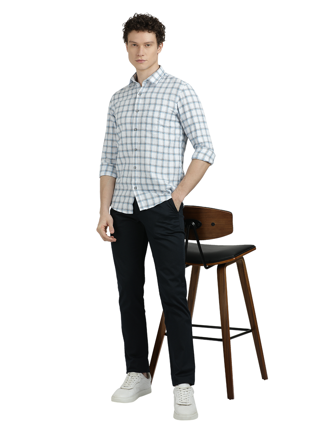 Model wearing Clarke Gable's White With Blue Checked Semi Casual Shirt in a casual setting