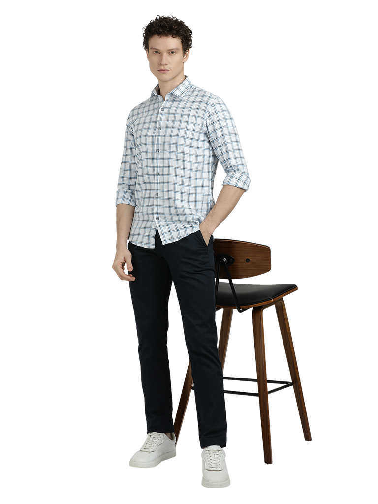 Model wearing Clarke Gable's White With Blue Checked Semi Casual Shirt in a casual setting