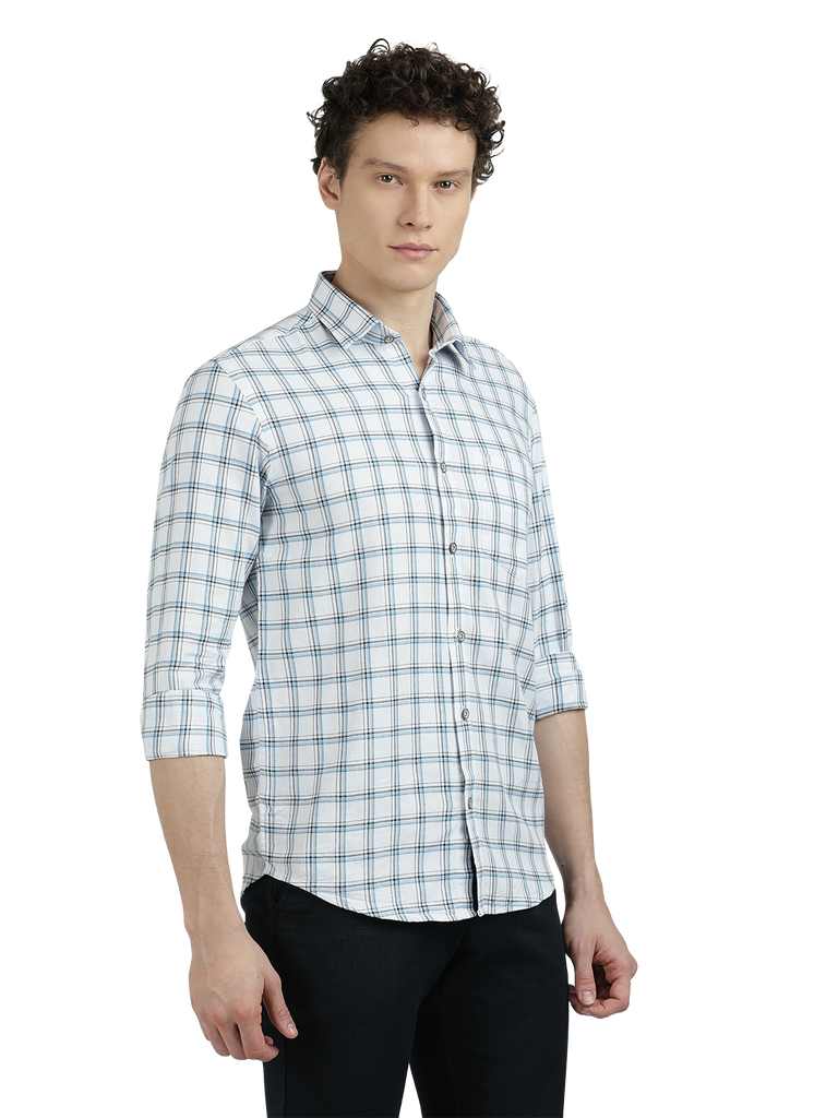 Model wearing Clarke Gable's White With Blue Checked Semi Casual Shirt in a casual setting