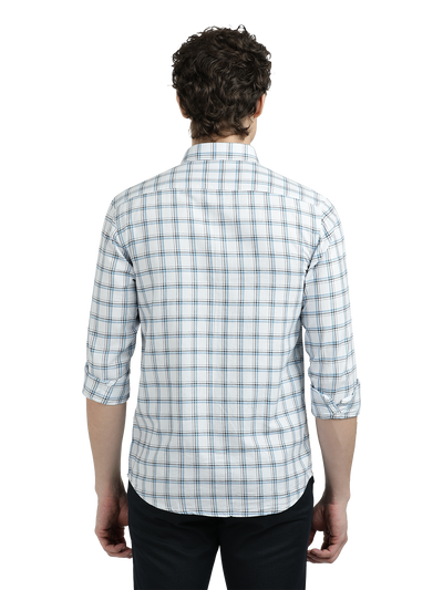 Model wearing Clarke Gable's White With Blue Checked Semi Casual Shirt in a casual setting