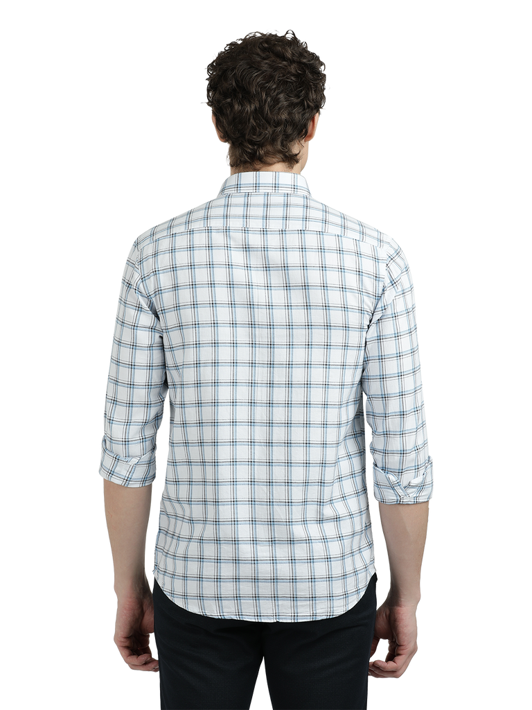 Model wearing Clarke Gable's White With Blue Checked Semi Casual Shirt in a casual setting