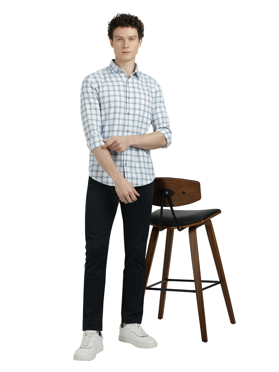 Model wearing Clarke Gable's White With Blue Checked Semi Casual Shirt in a casual setting