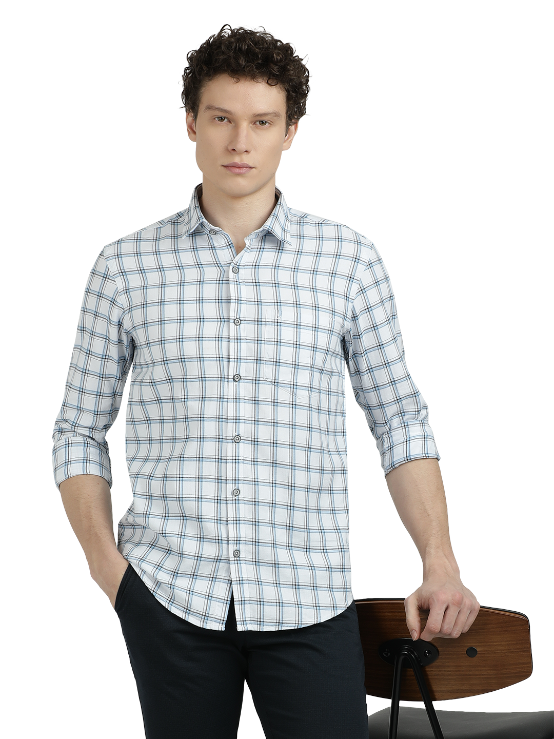 Model wearing Clarke Gable's White With Blue Checked Semi Casual Shirt in a casual setting