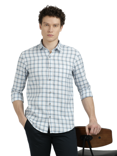 Model wearing Clarke Gable's White With Blue Checked Semi Casual Shirt in a casual setting