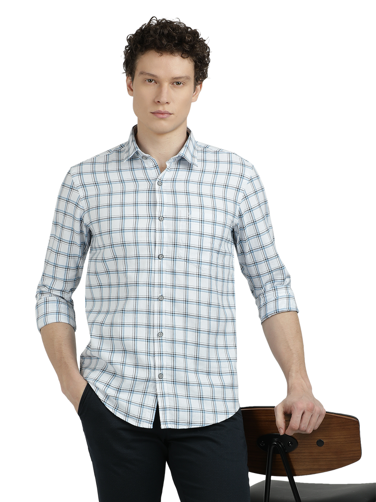 Model wearing Clarke Gable's White With Blue Checked Semi Casual Shirt in a casual setting