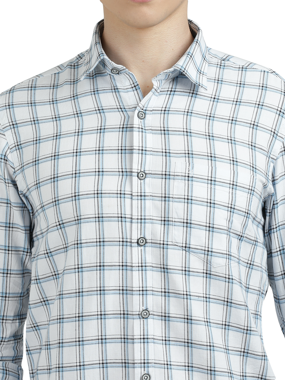 Model wearing Clarke Gable's White With Blue Checked Semi Casual Shirt in a casual setting