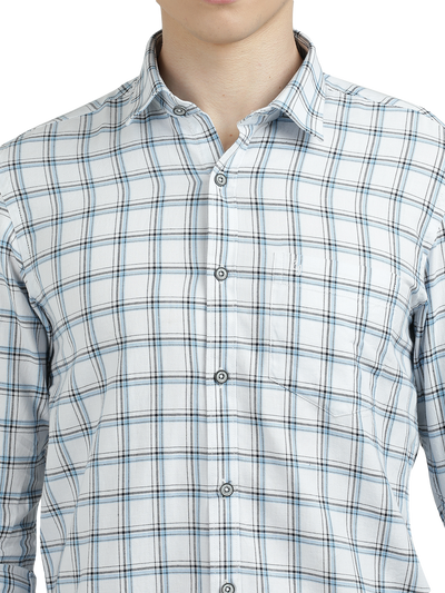Model wearing Clarke Gable's White With Blue Checked Semi Casual Shirt in a casual setting