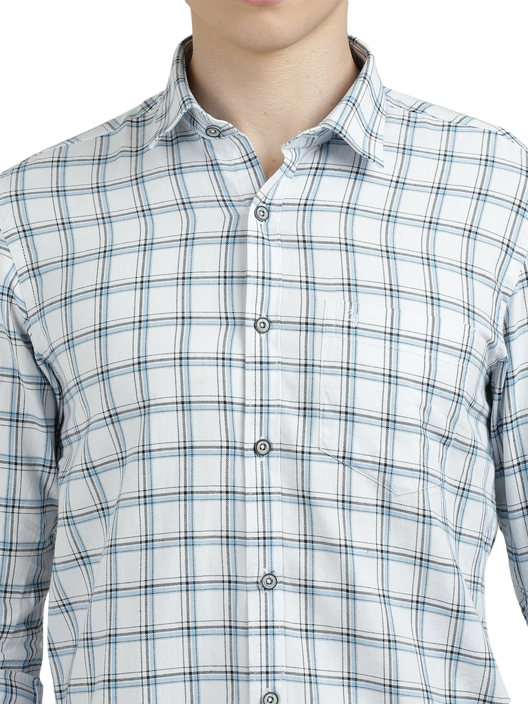 Model wearing Clarke Gable's White With Blue Checked Semi Casual Shirt in a casual setting