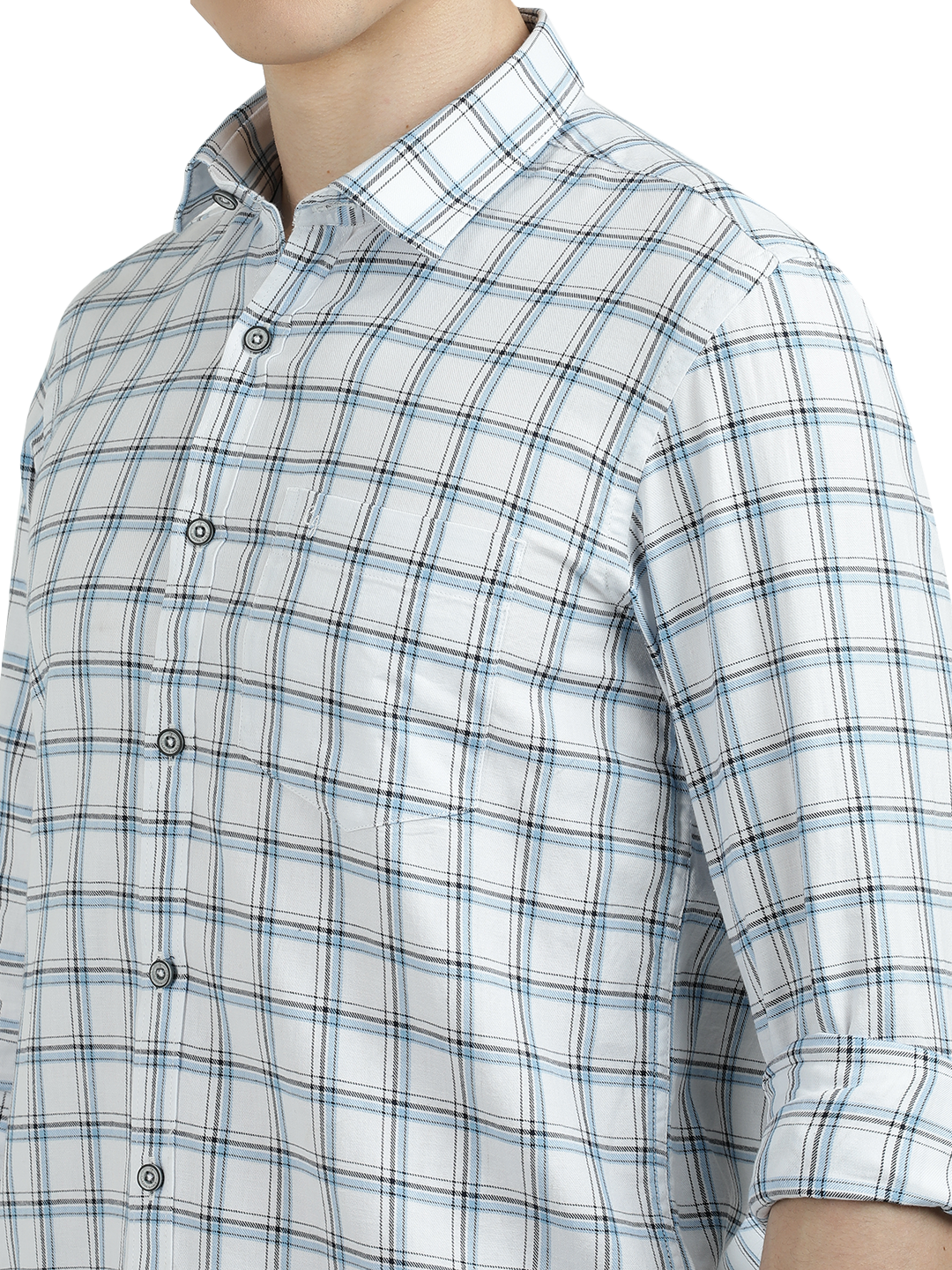 Model wearing Clarke Gable's White With Blue Checked Semi Casual Shirt in a casual setting
