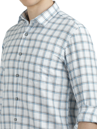 Model wearing Clarke Gable's White With Blue Checked Semi Casual Shirt in a casual setting