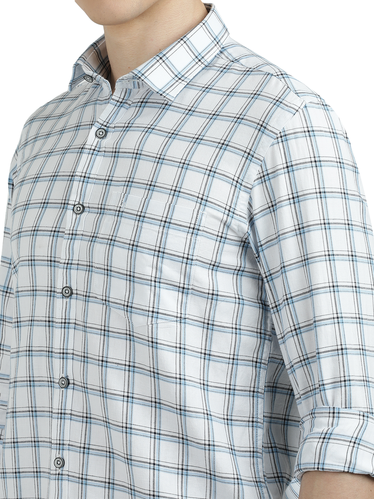 Model wearing Clarke Gable's White With Blue Checked Semi Casual Shirt in a casual setting