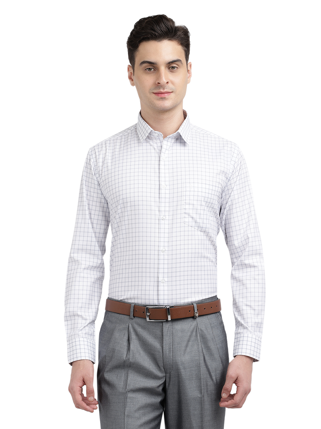 Model wearing Clarke Gable's White With Grey Checked Formal Shirt in a casual setting