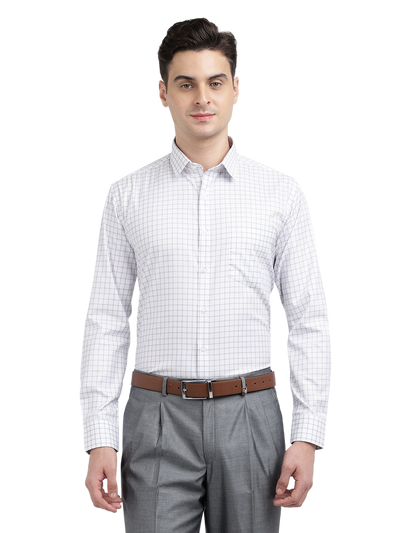 Model wearing Clarke Gable's White With Grey Checked Formal Shirt in a casual setting