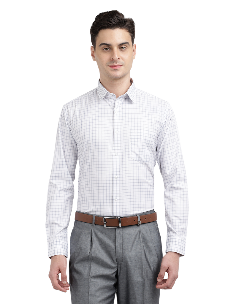 Model wearing Clarke Gable's White With Grey Checked Formal Shirt in a casual setting