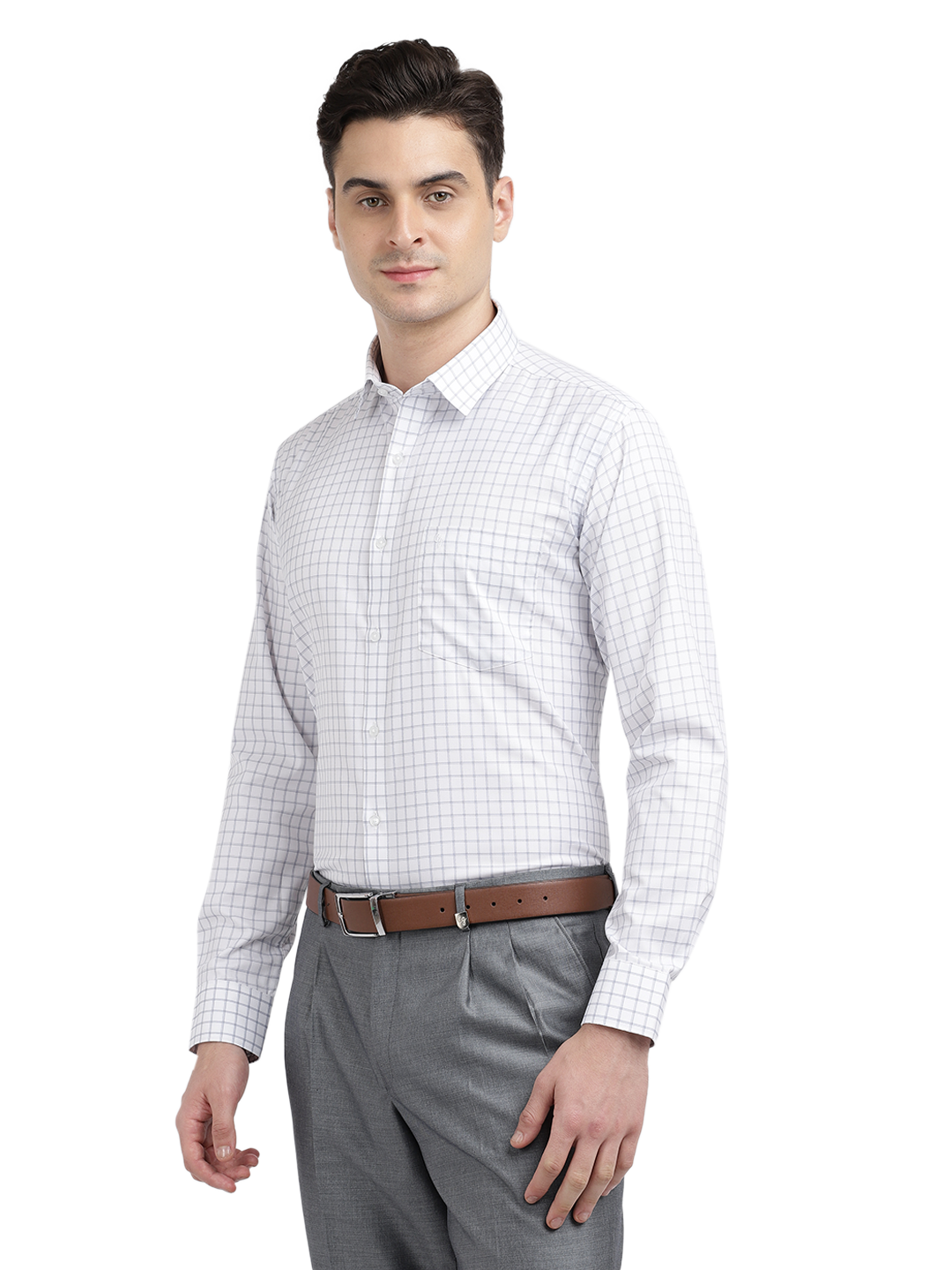 Model wearing Clarke Gable's White With Grey Checked Formal Shirt in a casual setting
