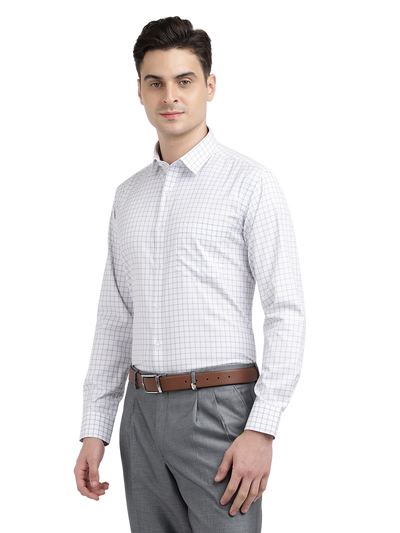 Model wearing Clarke Gable's White With Grey Checked Formal Shirt in a casual setting