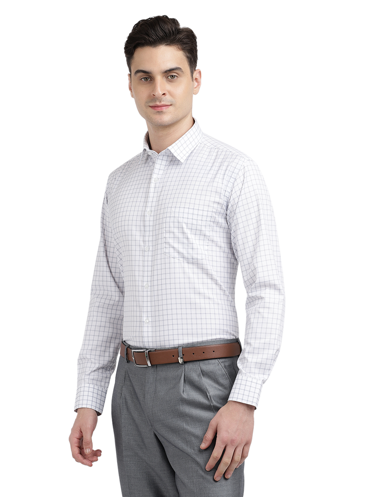 Model wearing Clarke Gable's White With Grey Checked Formal Shirt in a casual setting