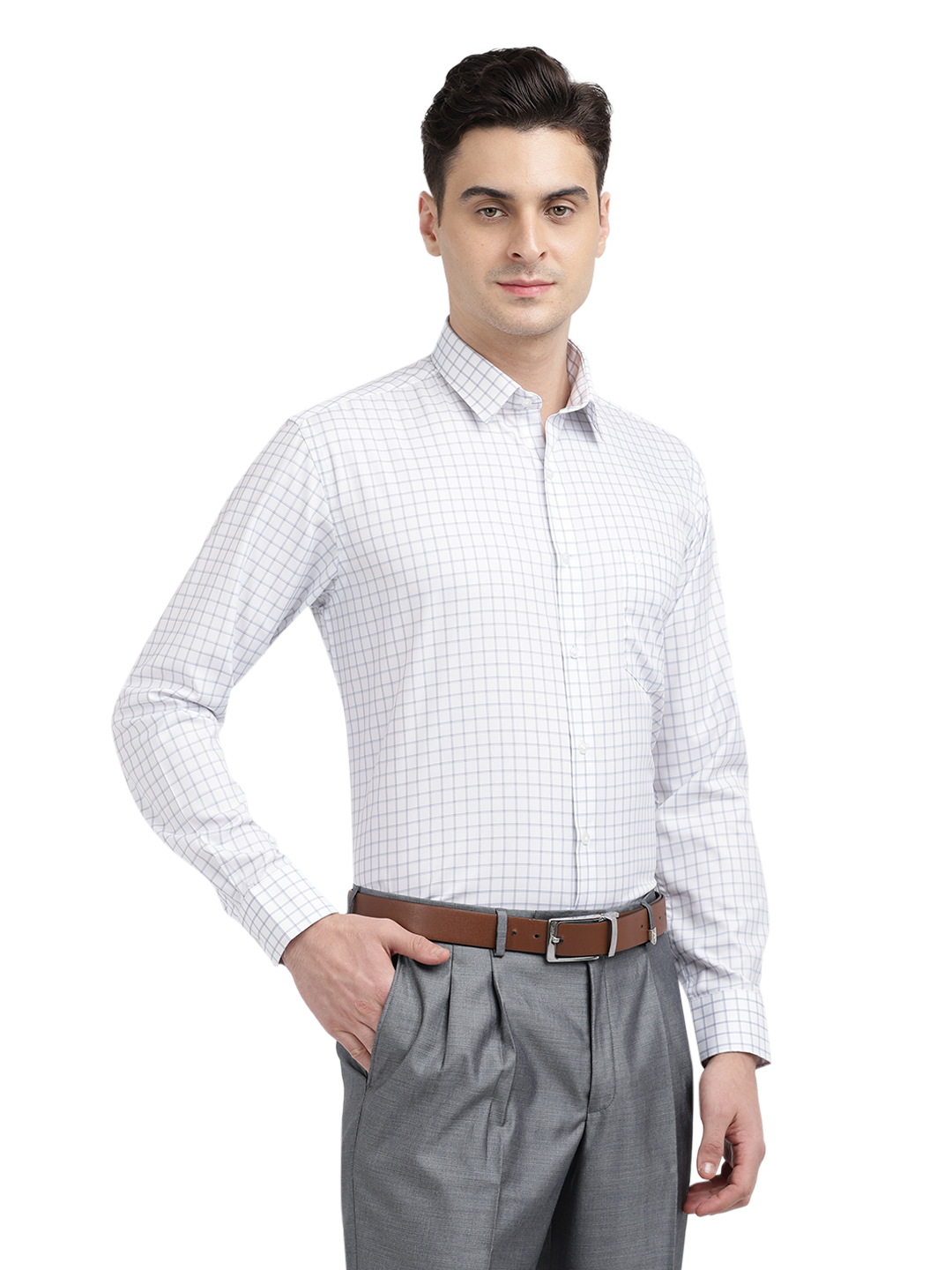 Model wearing Clarke Gable's White With Grey Checked Formal Shirt in a casual setting
