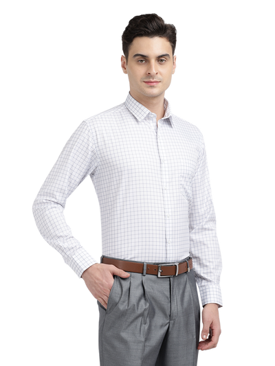 Model wearing Clarke Gable's White With Grey Checked Formal Shirt in a casual setting