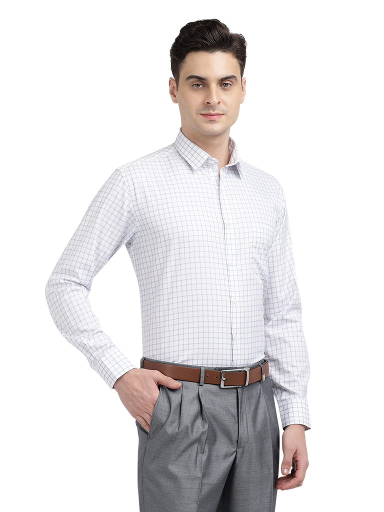 Model wearing Clarke Gable's White With Grey Checked Formal Shirt in a casual setting