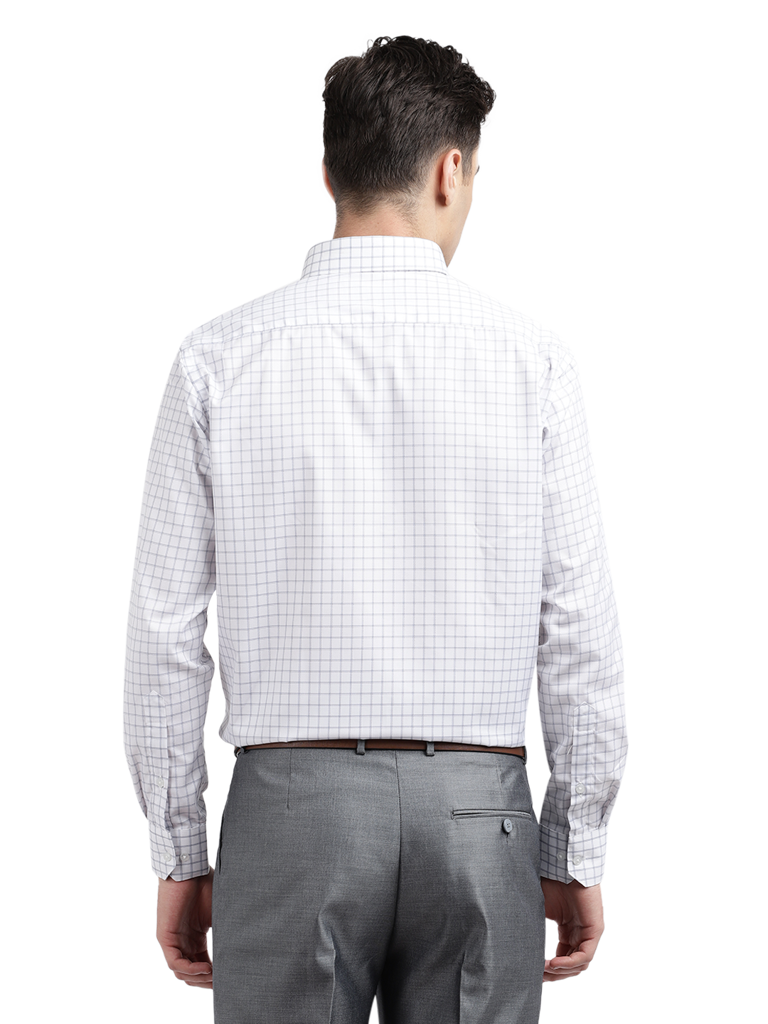 Model wearing Clarke Gable's White With Grey Checked Formal Shirt in a casual setting