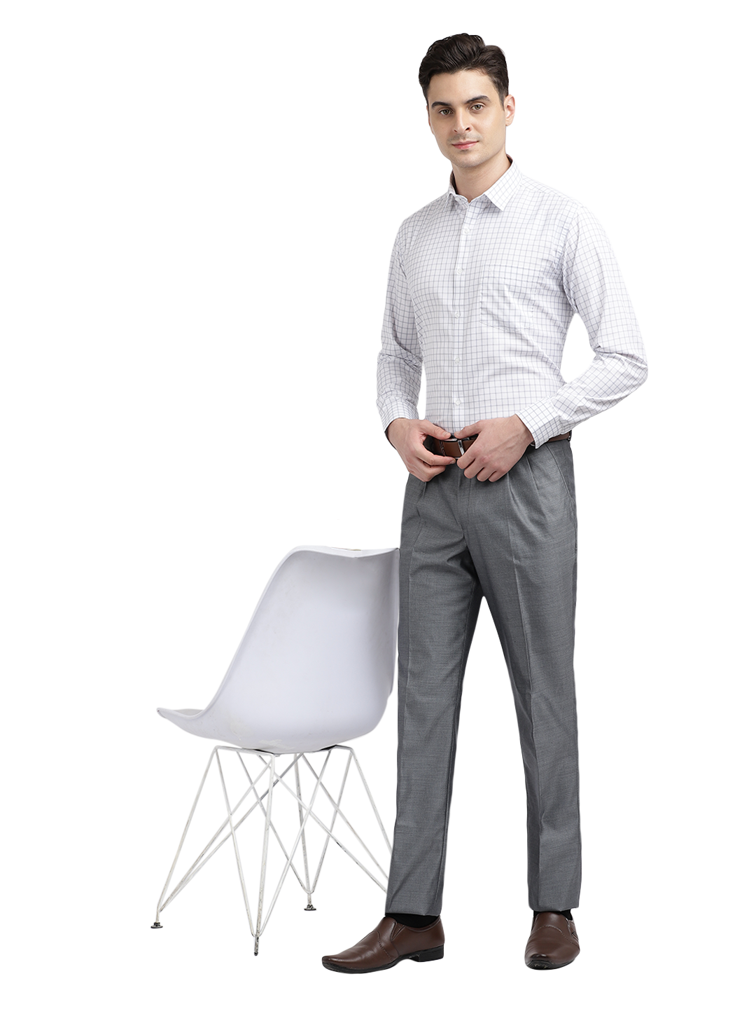 Model wearing Clarke Gable's White With Grey Checked Formal Shirt in a casual setting