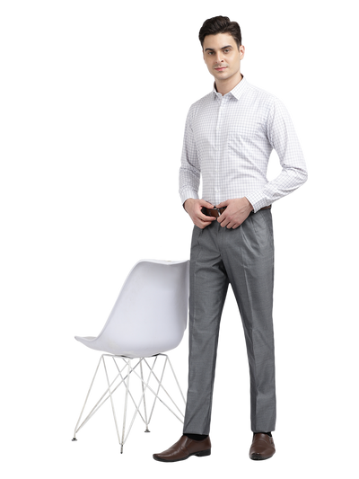 Model wearing Clarke Gable's White With Grey Checked Formal Shirt in a casual setting