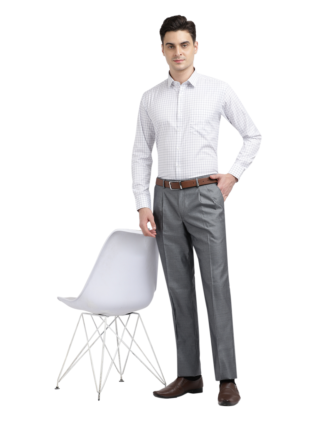 Model wearing Clarke Gable's White With Grey Checked Formal Shirt in a casual setting