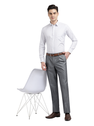 Model wearing Clarke Gable's White With Grey Checked Formal Shirt in a casual setting