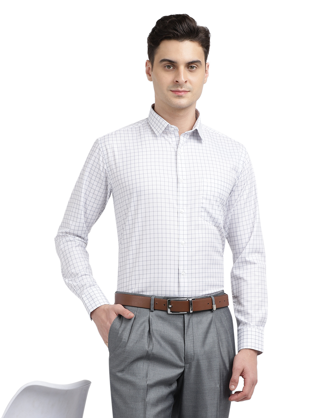 Model wearing Clarke Gable's White With Grey Checked Formal Shirt in a casual setting
