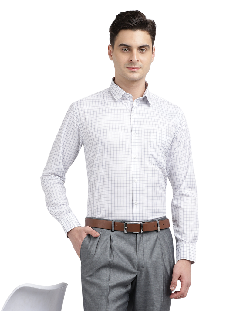 Model wearing Clarke Gable's White With Grey Checked Formal Shirt in a casual setting