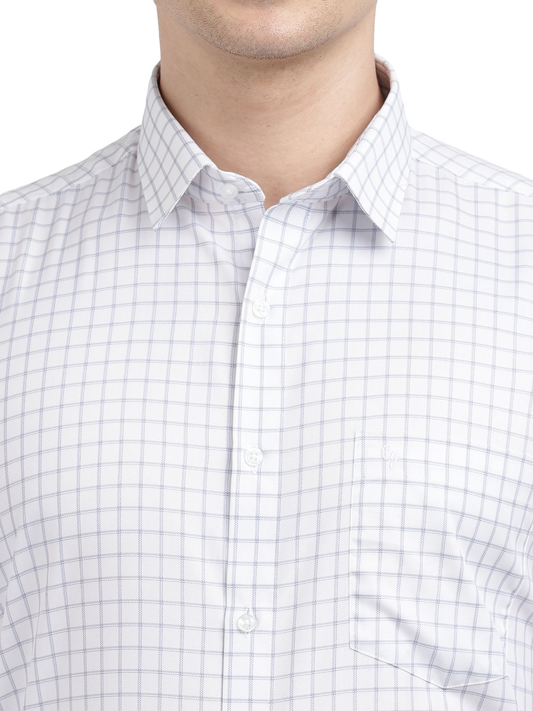 Model wearing Clarke Gable's White With Grey Checked Formal Shirt in a casual setting