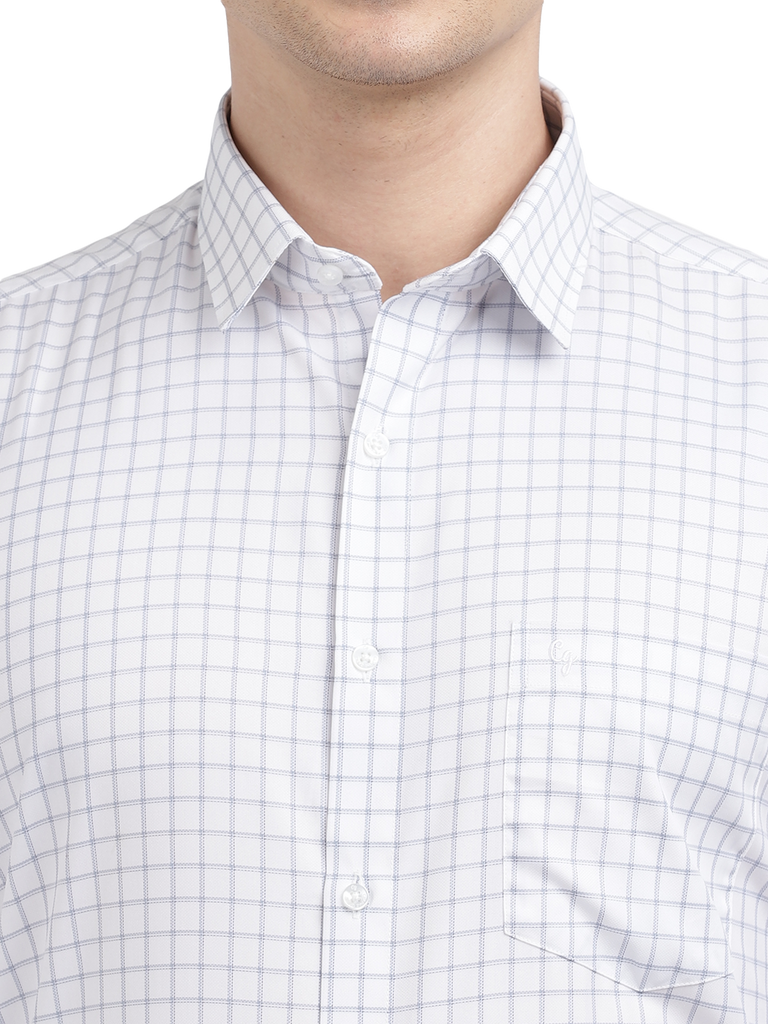 Model wearing Clarke Gable's White With Grey Checked Formal Shirt in a casual setting