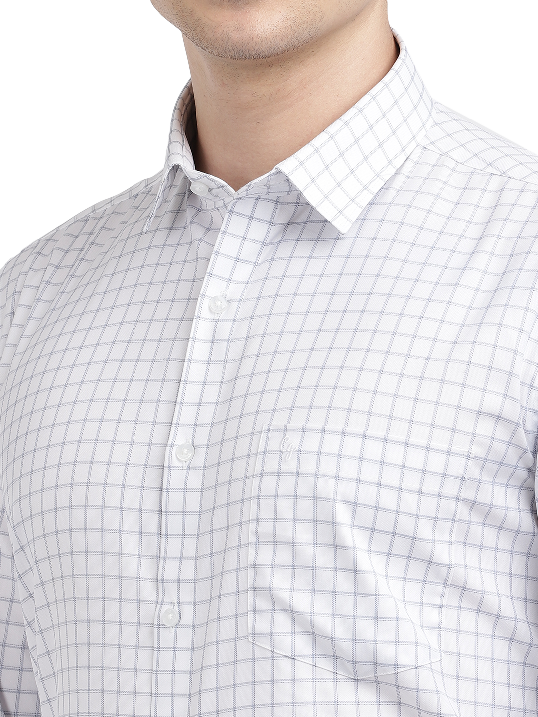 Model wearing Clarke Gable's White With Grey Checked Formal Shirt in a casual setting