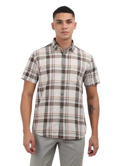 Model wearing Clarke Gable's White With Grey Checked Semi Casual Shirt in a casual setting