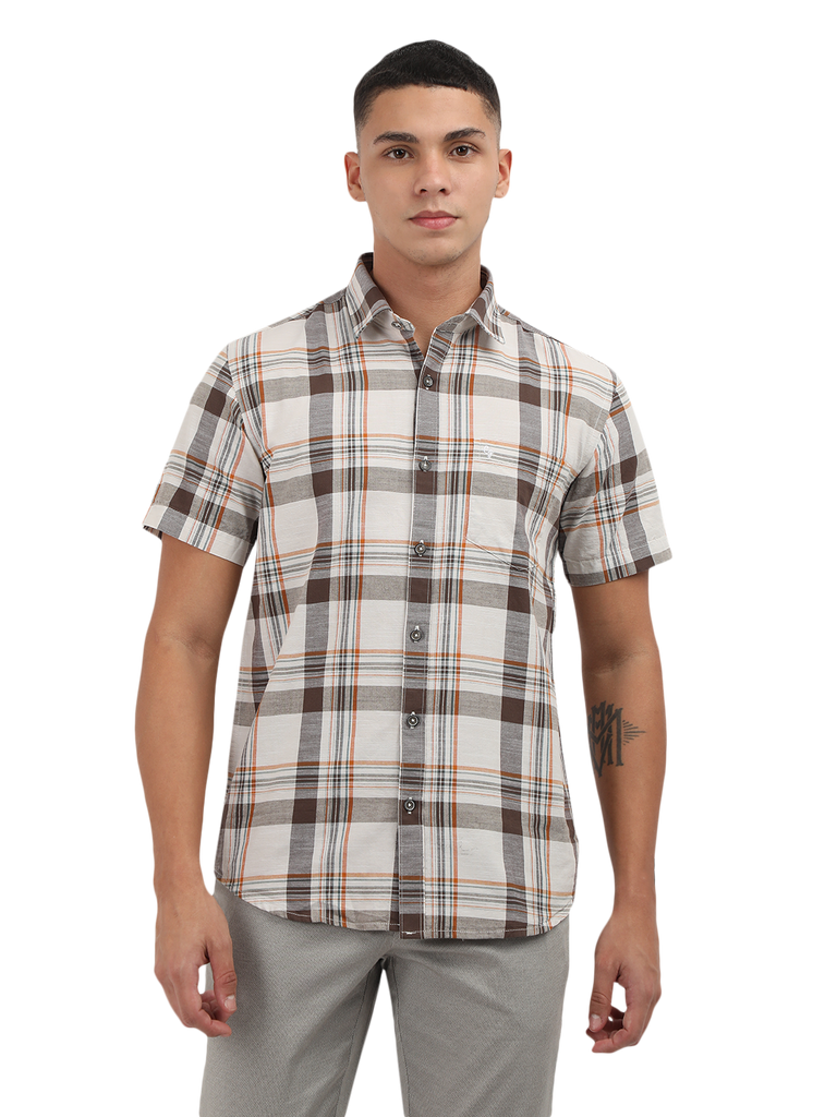 Model wearing Clarke Gable's White With Grey Checked Semi Casual Shirt in a casual setting